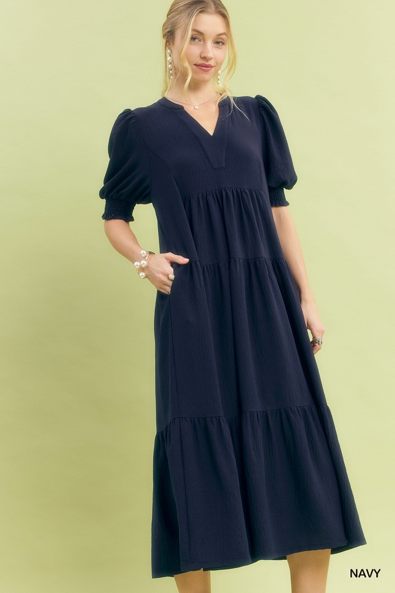 Navy Tiered Midi Dress