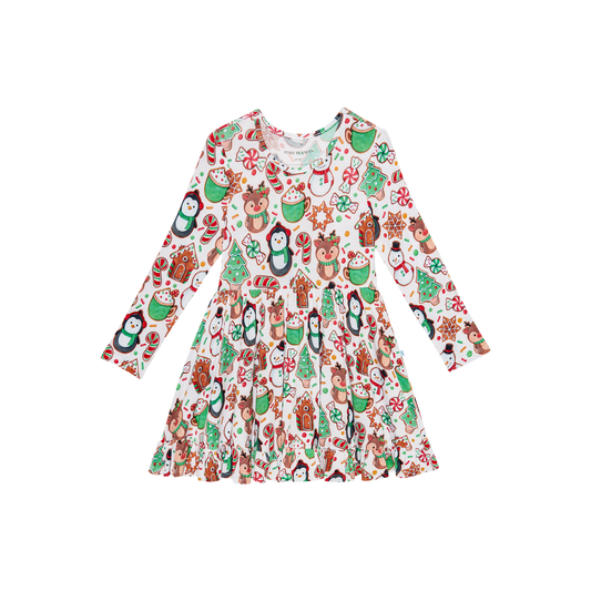 Long Sleeve Ruffled Twirl Dress-Cookie Medley