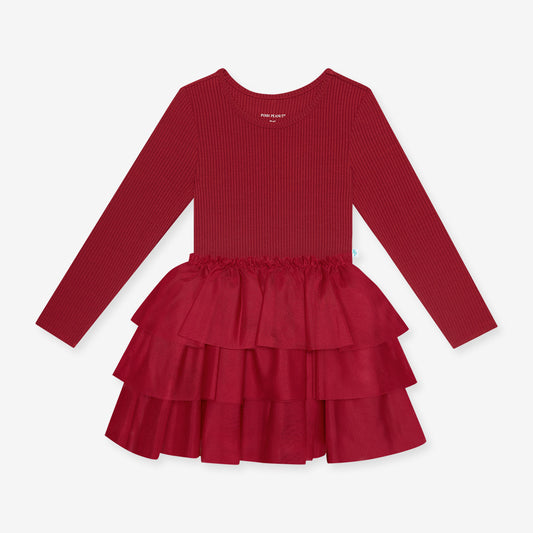 Long Sleeve Tulle Dress-Dark Red