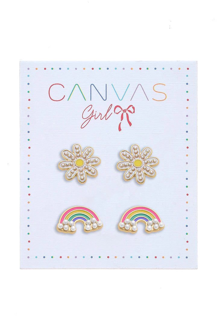 Madeleine Rainbow and Daisy Children's Stud Earrings in Worn Gold