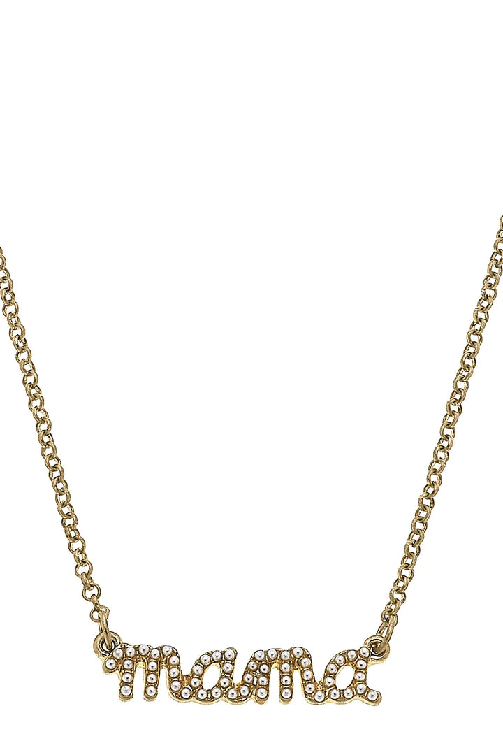 Mama Pearl Studded Script Necklace in worn Gold