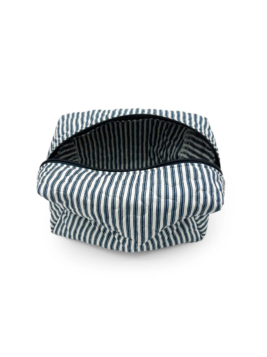 Ticking Stripe Navy Quilted Makeup Bag