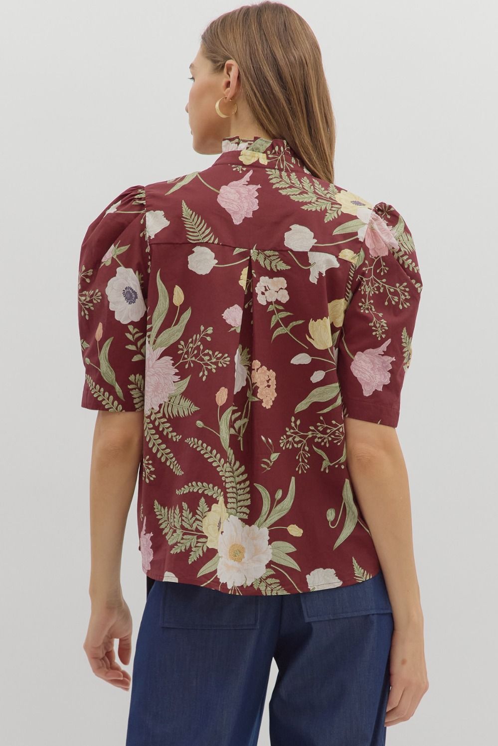 Merlot Floral Ruffle Neck Top