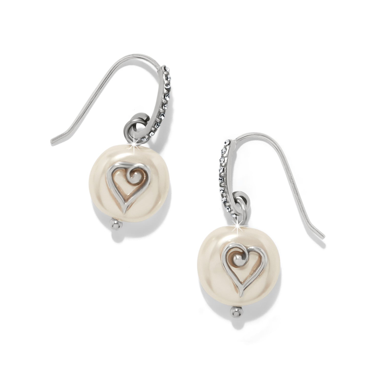 Heart-shaped earrings with white and silver design on a white background