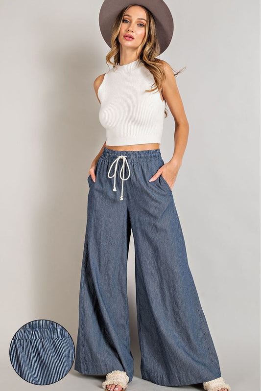 Pinstriped Tie Waist Wide Leg Pants