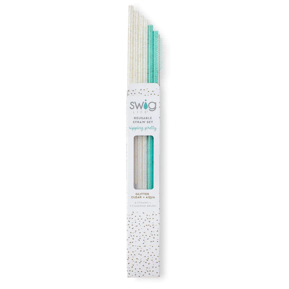 Swig Glitter Clear & Aqua Straw Set