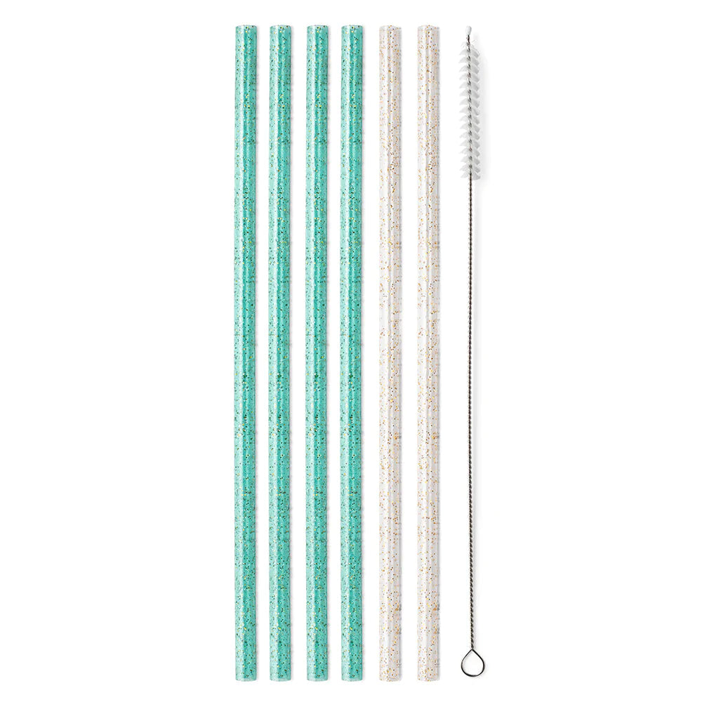 Swig Glitter Clear & Aqua Straw Set