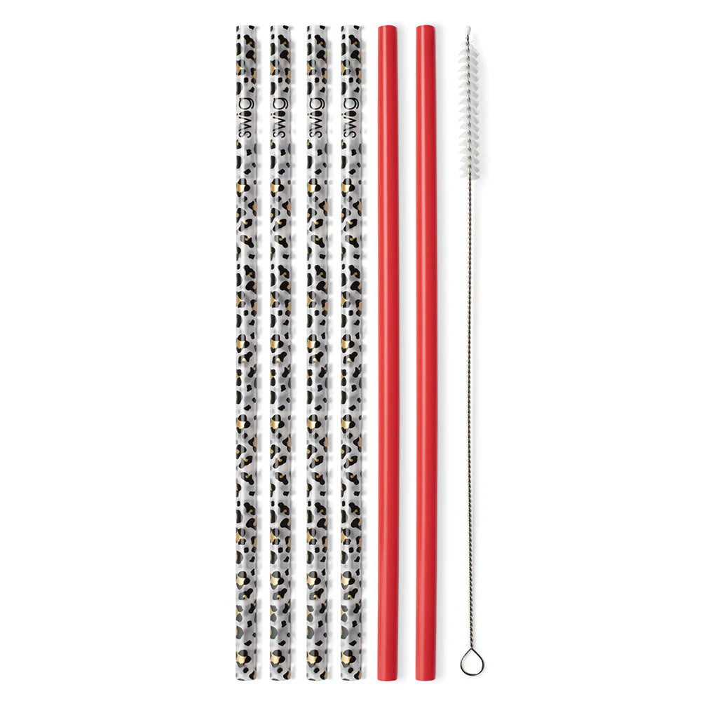 gold leopard and red reusable straw set