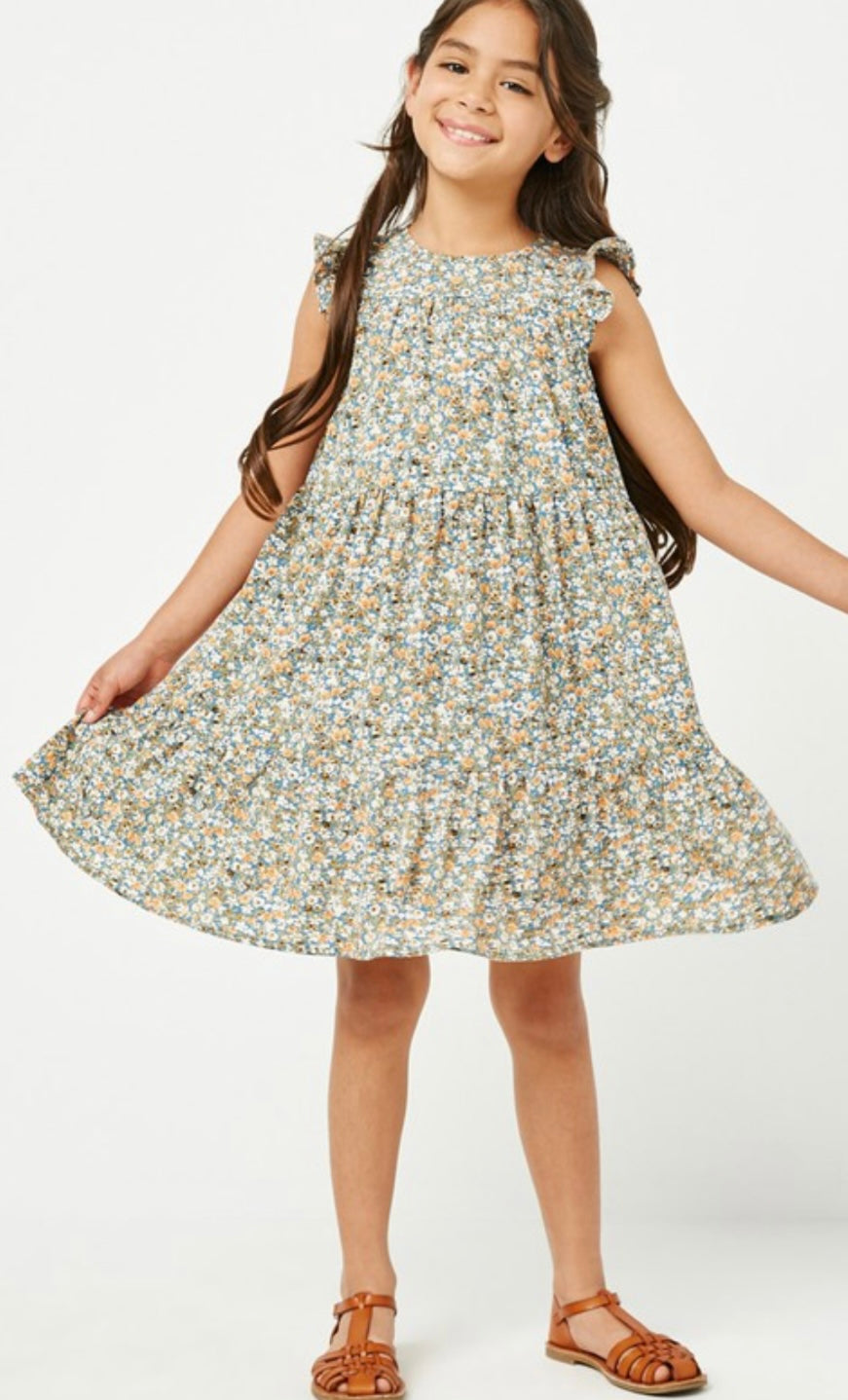 Girls Ruffle Sleeve Floral Dress