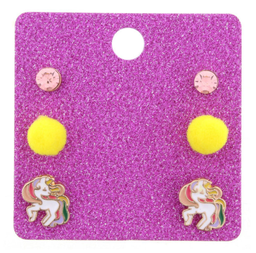 Kid’s Stud/Pom/Unicorn Earring Set