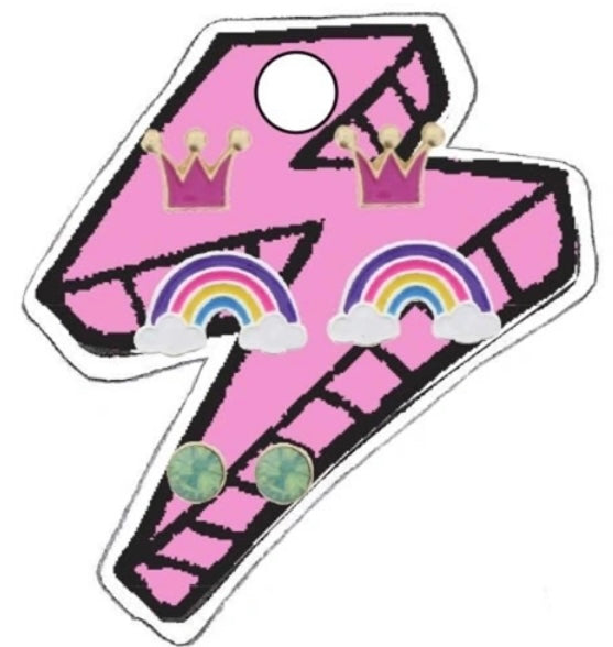 Kid’s 3 Sets of Earrings-Rhinestone, Rainbow, Crown