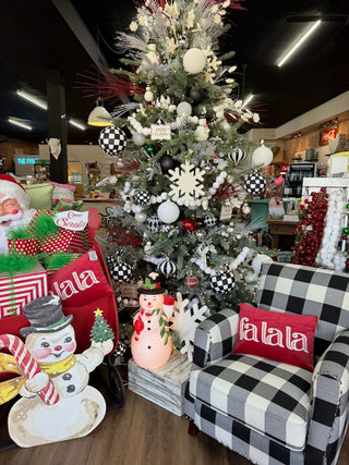 Vintage watercolor Christmas tree with red beaded garlands, ornaments, and plaid stockings on mantel