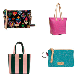 Consuela bags collage: heart print crossbody, pink glitter tote, pink and green striped mini tote, and turquoise glitter pouch