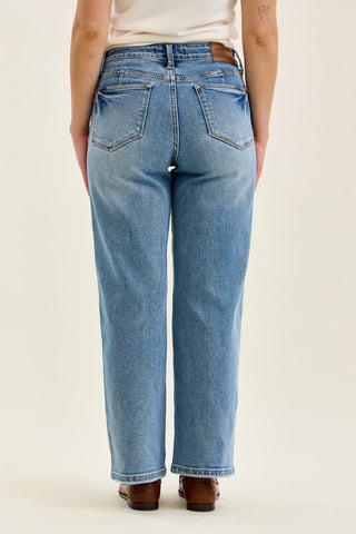 Mid Rise Tummy Control Vintage Wash Straight Jeans in Medium Wash, Petite