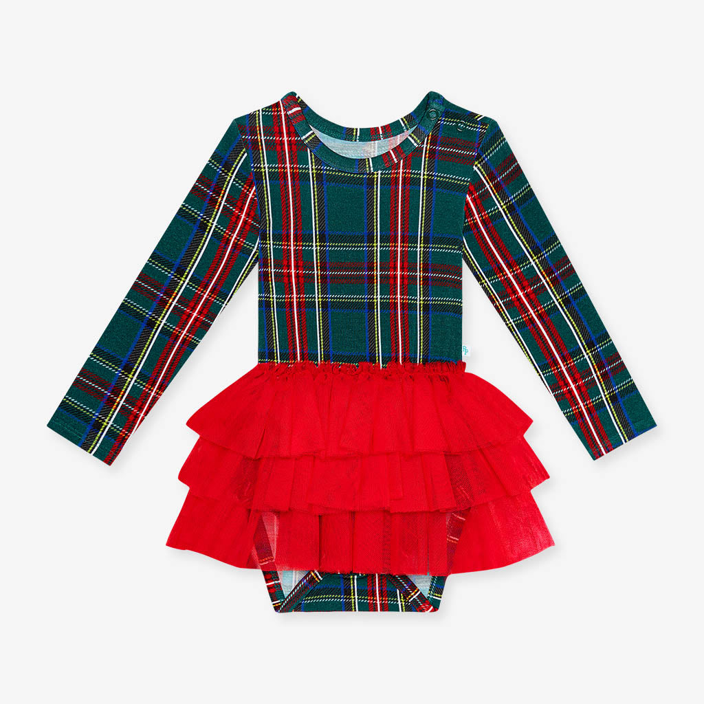 Long Sleeve Tulle Skirt Bodysuit-Tartan Plaid