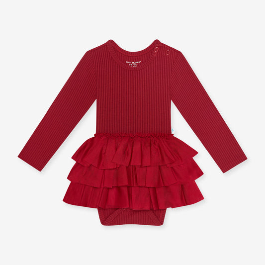 Long Sleeve Tulle Skirt Bodysuit-Dark Red