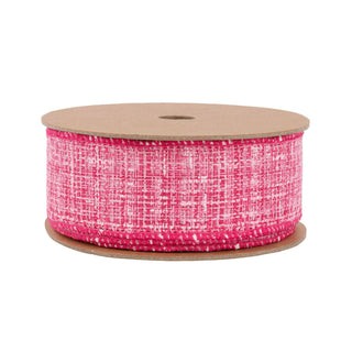 Hot pink wired faux tweed ribbon on wooden spool, 1.5 inch wide