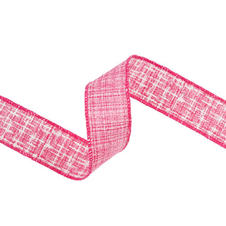 Hot pink wired faux tweed ribbon with white crosshatch texture and finished edges