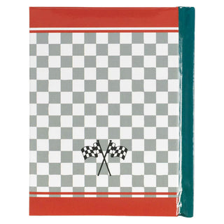 Checkered notebook with crossed checkered flags on a white background