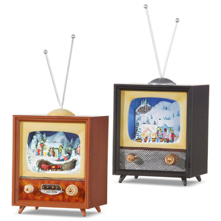 Two retro-style animated musical lighted TVs with Christmas winter village scenes and rabbit-ear antennas