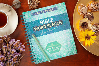 Closed teal gradient softcover Bible word search book with spiral binding and Large Print badge for adult devotionals