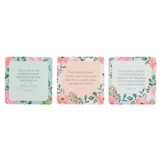 Set of 3 square scripture cards with floral borders showing Exodus Psalm Nahum verses