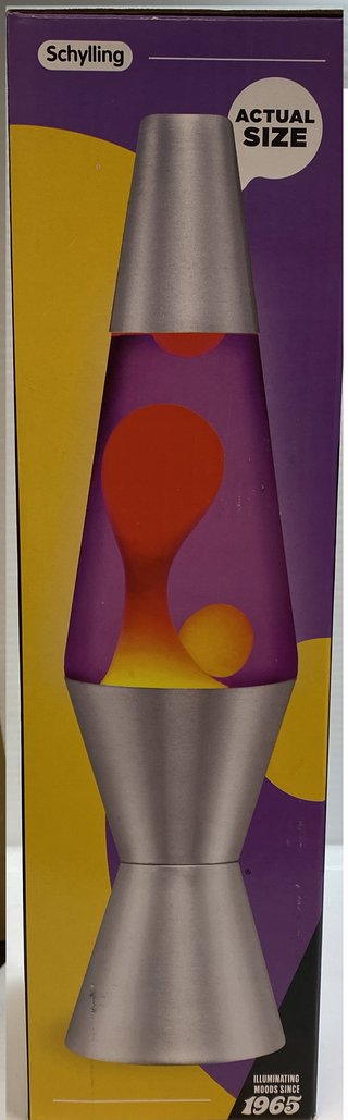 Schylling 11.5-inch lava lamp with purple liquid and orange-red wax in silver base, shown in retail packaging box