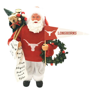 12-inch Texas Longhorns Santa Claus figurine holding pennant flag and Christmas wreath