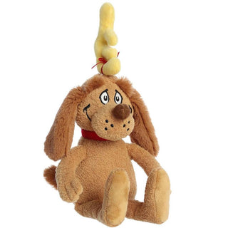 Aurora 12-inch Vintage Max plush dog toy with yellow bone on head and red bow