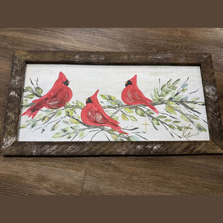 12x24 rustic wood framed art with three red cardinals on branch and weathered dark brown frame