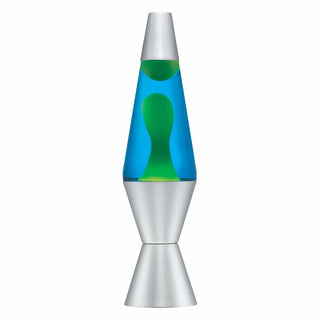 Green wax blue liquid lava lamp with silver aluminum base and cap on white background