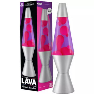 14.5 inch silver lava lamp with pink wax and purple liquid, shown with box