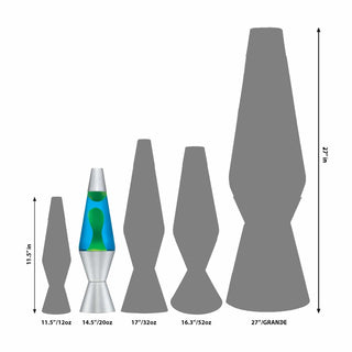 Lava lamp size chart comparing 14.5 inch model to other heights in inches and ounces