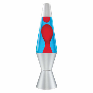 Schylling 14.5-inch lava lamp with red wax, blue liquid, and silver metallic base and cap.