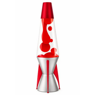 Schylling 14.5-inch Astrosurge Rocket lava lamp with red wax, clear liquid, and silver base