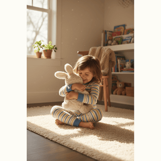 Child hugging Benny the Cuddle Bunny in cozy bedroom