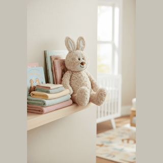 Benny the Cuddle Bunny displayed on nursery shelf
