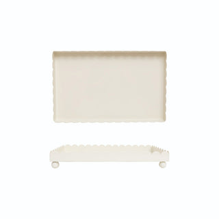 Cream iron footed tray with scalloped edges shown from top and side angles