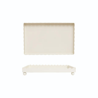 Cream iron footed tray with scalloped edges shown from top and side views