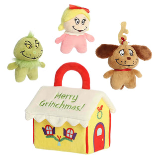 Aurora 9-inch Who House playset with Grinch, Cindy Lou Who, and Max plush figures