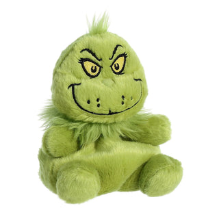 Aurora 5-inch Grinch Palm Pals plush toy with yellow eyes and mischievous smile