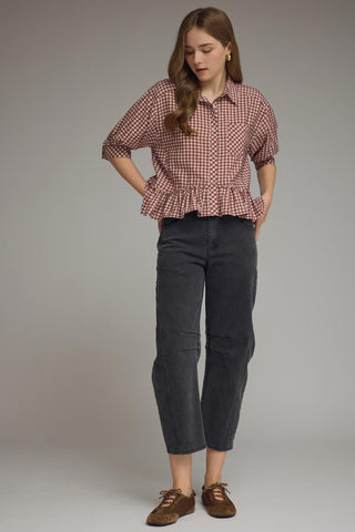 Maroon Gingham Top with Ruffle Hem
