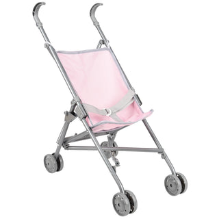 Pink and gray folding umbrella-style doll stroller with dual wheels and safety strap