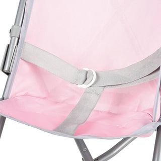 Pink and gray doll stroller seat with gray safety harness straps and ring buckle