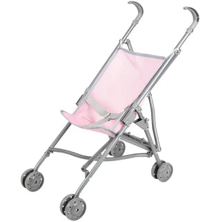 Pink and gray metal umbrella-style doll stroller with four wheels