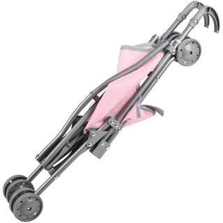 Folded pink and gray 18 inch doll umbrella stroller with four wheels