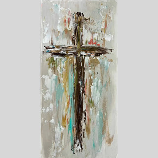 12x24 abstract faith cross painting with textured impasto brushstrokes in beige teal ochre
