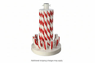 Resin candy cane Christmas tree stand with red and white striped poles and curved candy cane base accents