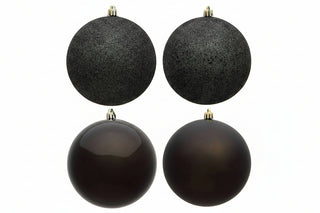 Four 2.75 inch black ball ornaments in glitter, sparkle, shiny, and matte finishes