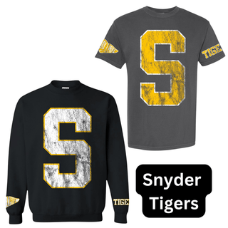Snyder Tigers yellow S letter gray tee and black sweatshirt spirit wear